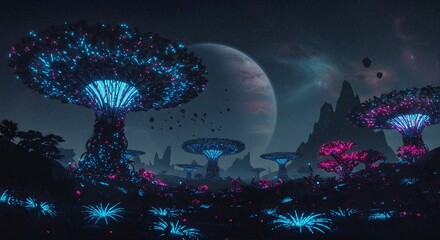 Poster - Alien World with Glowing Trees Under a Giant Planet