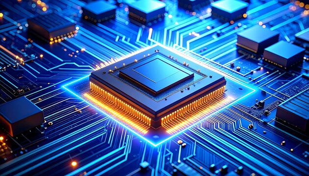 Close-up view of a central processing unit (CPU) on a complex circuit board.  Brightly lit, golden-orange glow emanating from the CPU, framed by a glowing blue outline.
