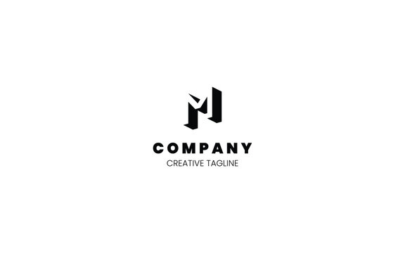 3D monochrome logo design template with letter M in isometric bottom left view