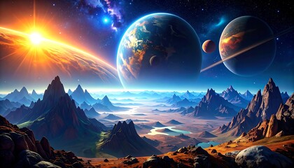 Wall Mural - Cosmic landscape with vibrant planets and mountains