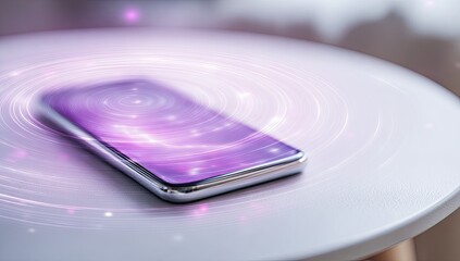 Poster - Phone charging wirelessly on table, purple energy swirls, blurred background, tech ad