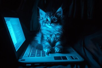 At nighttime, a funny domestic cat is seen using a laptop computer with its face illuminated by the screen