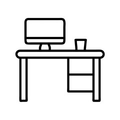 Aufkleber - Office desk with computer monitor and cup line art vector icon illustration for design assets