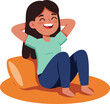 © OKAN - Happy young woman relaxing on orange pillow cushion sitting barefoot in casual clothes vector illustration