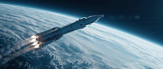 Wall Mural - anamorphic video rocket in space with earth background. view from space. the rocket flies and rotate