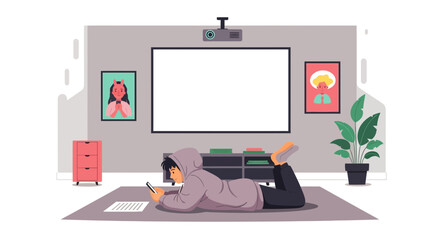 Young Man Relaxes At Home Using Smartphone For Entertainment With Projector Screen