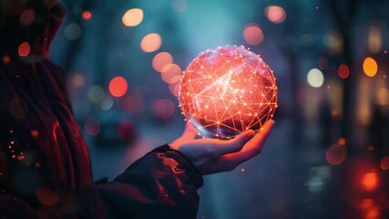 Poster - Hand holding a glowing interconnected sphere in a city night scene