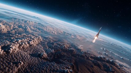 Wall Mural - rocket in space with earth background. view from space. the rocket flies and rotates.