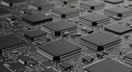 Poster - Detailed 3D Render of a Modern Circuit Board Featuring Microchips and Intricate Traces for High Tech Applications