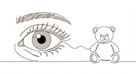 Poster - Minimalist illustration of an eye and teddy bear in single line outline vector  