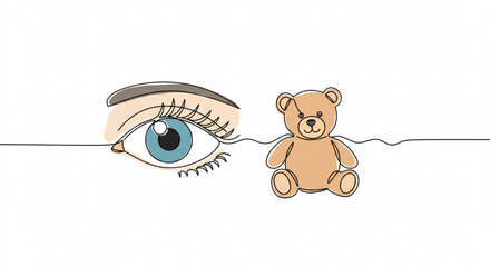 Poster - Illustrated eye and teddy bear in single line outline vector style  