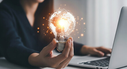 Poster - Creative Globe Lightbulb in Hand, Representing Global Business Ideas, Innovation