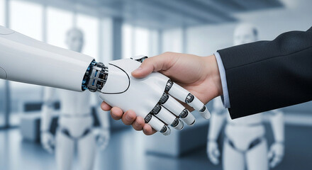 Poster - Successful Partnership Featuring a Human Handshake with a Robot Hand in a Modern Office, Symbolizing Collaboration and Technological Advancement