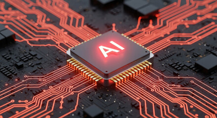 Poster - Detailed 3D Render of a Modern AI Processor on a Circuit Board, Highlighting Advanced Technology and Connectivity for Future Innovations