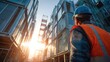 © EUT - Construction worker looking up at a building. For illustrating urban development, safety, and labor.