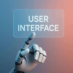 Poster - A robotic hand interacts with a digital user interface, emphasizing futuristic tech advancements in a clean, modern design.  customer support service