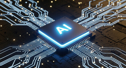 Poster - Futuristic 3D Render of a Glowing Artificial Intelligence Microchip on a Circuit Board, Symbolizing Advanced Technology and Neural Networks