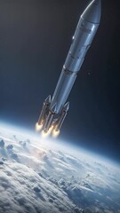 Wall Mural - vertical video rocket in space with earth background. view from space. the rocket flies and rotates.