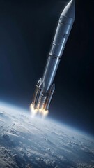 Wall Mural - vertical video rocket in space with earth background. view from space. the rocket flies and rotates.