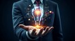 © mikael - Idea generation and innovation concept. A single, clean holographic lightbulb glows brightly above a professional's open hand.