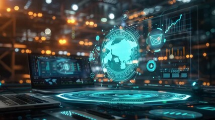 Poster - Futuristic holographic interface with glowing displays and data visualizations
