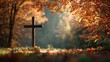 © SY - Wooden cross stands in a colorful autumn forest with sun rays shining through. Great for religious blogs, church websites, or fall season spiritual themes.