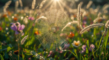 A detailed spider web glistening with dew drops in the warm glow of the rising sun, surrounded by colorful wildflowers and tall grass. Captures the beauty of nature's intricate designs.