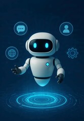 Poster - A futuristic digital robot, sleek and modern, stands amid glowing icons and circuits. this artwork embodies the essence of modern technology and artificial intelligence.