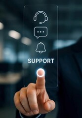 Poster - A hand selects the support option on a modern, futuristic interface, with icons representing communication, showcasing seamless customer service and technological advancement.