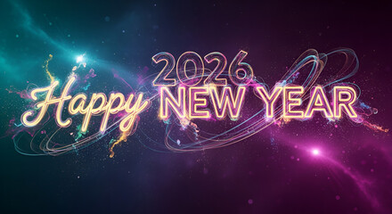 Poster - Glowing Neon Light Style Happy New Year 2026 Celebration Graphic
