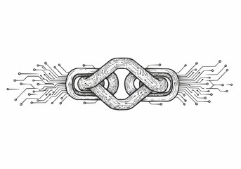 Poster - Illustration of a chain link connected to a circuit board on a white background in black and white