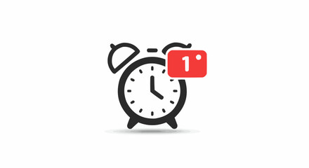 Fototapete - Alarm clock illustration with a red notification box displaying the number one icon on a white background