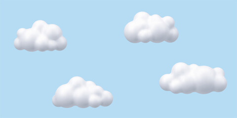 Poster - White 3d cloud shapes floating on a blue sky. Cartoon vector render for weather forecast or graphic design element.
