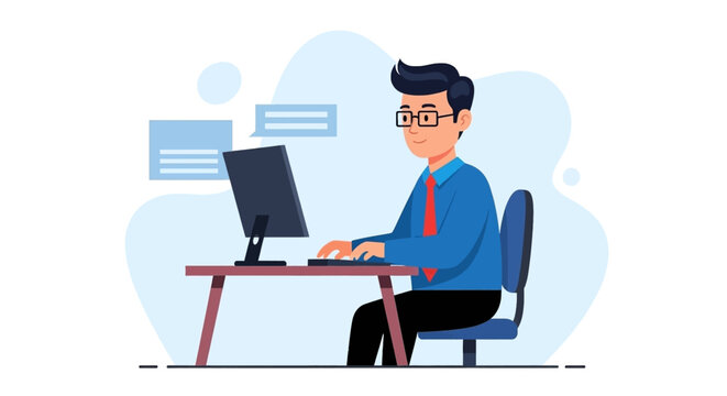 Vector illustration of a businessman working on his computer, ideal for website banners or business presentations.