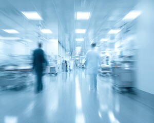blurred background of a hospital interior with medical equipment and people in motion blurred view o