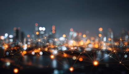 Poster - Abstract cityscape at night featuring interconnected network nodes creating a futuristic impression of global communication and technological