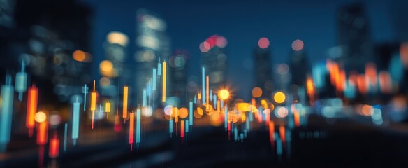 Poster - Abstract financial chart overlaying a blurred cityscape at night suggests market activity and economic trends in a modern urban environment.