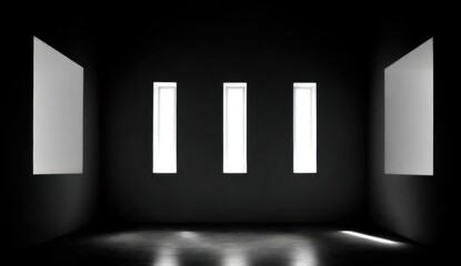 Poster - An abstract dark room with three bright rectangular openings and two side panels creates a minimalist and mysterious atmosphere.