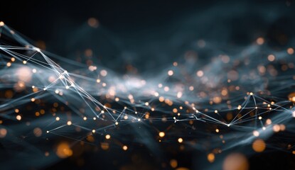 Poster - An abstract network of interconnected nodes glows softly against a blurred, dark background suggesting connectivity, data flow, and modern technology.