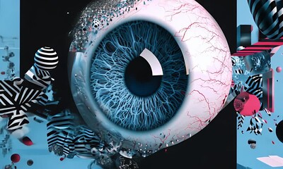 Wall Mural - abstract eye animation surrounded by geometric shapes in vibrant colors