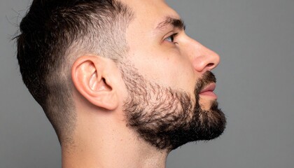 close-up profile view of a man with a short haircut and a well-groomed beard, looking off into the d