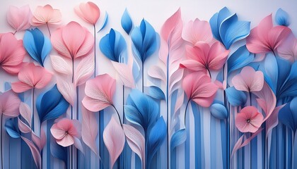 Wall Mural - abstract floral art with blues and pink vertical design