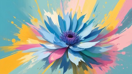 Poster - Abstract Blue Flower with Watercolor Painting Style and Colorful Background