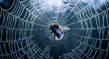 Bumblebee caught in a sparkling spider's web with dew drops in a dramatic macro photography style