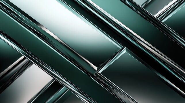 A close up of intersecting glossy dark green and silver rectangular shapes creating an abstract pattern
