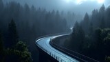 A modern highway winds through a misty mountain forest, symbolizing a journey forward, progress, and a clear path into the future.

