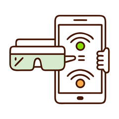 Poster - Futuristic VR technology integrates seamlessly with a sleek smartphone interface. The augmented reality glasses and smart device work together in a minimalist.