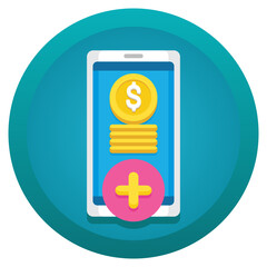 Poster - Smartphone with coins and plus sign for financial transactions