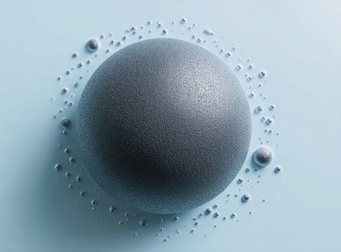Gray sphere surrounded by smaller spheres on light blue background