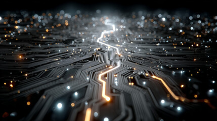 Poster - Futuristic digital circuit board with glowing pathways and illuminated points creating high tech atmosphere